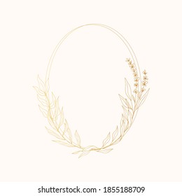 Hand drawn oval floral wreath with golden brunches and flowers. Vector isolated rustic frame. Flourish gold wedding border for invitation card.