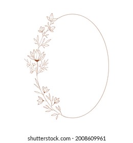 Hand drawn oval frame with floral decor. Vector isolated illustration.