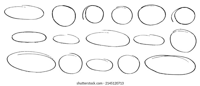 Hand drawn oval frame set. Marker sketch. Doodle highlight circles. Highlighting text and important objects. Round scribble frames. Stock vector illustration on white background.