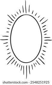 Hand drawn oval frame with sun rays, perfect for design projects. Retro black and white style, versatile for fashion, wedding, and more
