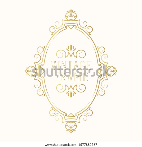 Hand drawn oval golden vintage ornate victorian\
frame. Classic gold royal border. Vector isolated calligraphic\
invitation card.