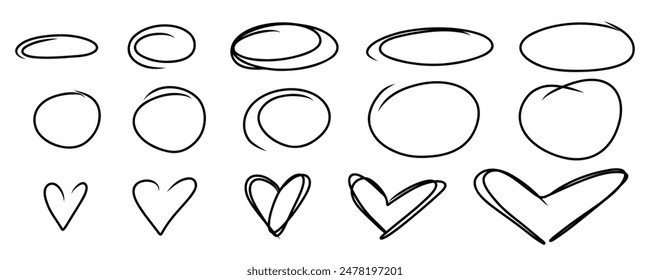 Hand drawn oval and heart. Highlight oval marker frames line set. Hand drawn scribble circle sketch set. Doodle ovals and ellipses line template. Vector illustration isolated on white background.