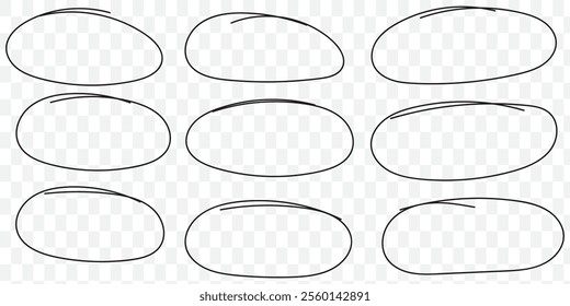 Hand drawn oval. Highlight circle frame. Ellipse in doodle style. Vector illustration isolated on white background. eps 10.