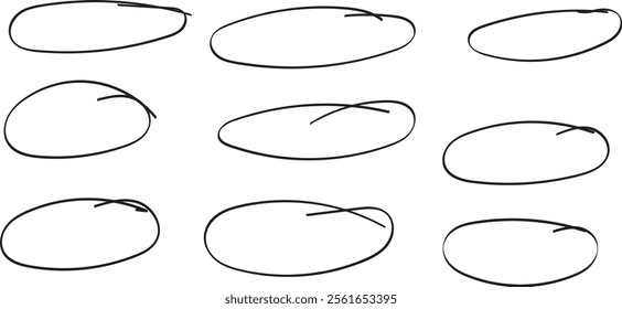 Hand drawn oval. Highlight circle frame. Ellipse in doodle style. Vector illustration isolated on white background.