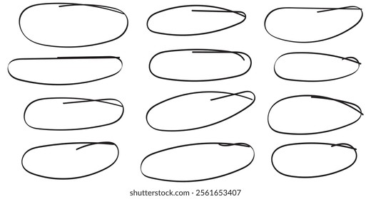 Hand drawn oval. Highlight circle frame. Ellipse in doodle style. Vector illustration isolated on white background.