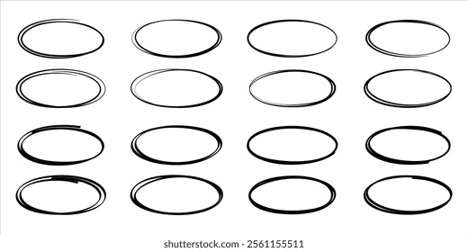 Hand drawn oval line. Ovals of different widths. Highlight oval circle frames.