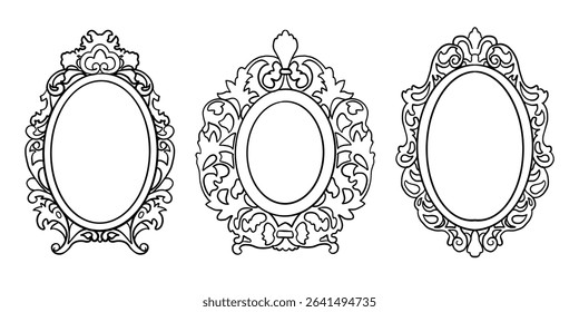 Hand drawn oval mirror frames line set. Sketch style highly detailed outline frames. Vintage Victorian wall decoration. Vector illustrations isolated on white background.