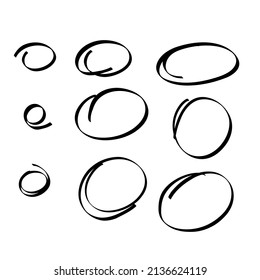 Hand drawn oval set. Marker highlight circles . Doodle Highlighting text and important objects. Round scribble frames. Stock vector illustration on white background.