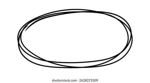 Hand drawn oval shape made with multiple slightly overlapping black lines on a white background, creating a frame like effect, ideal for highlighting text or images