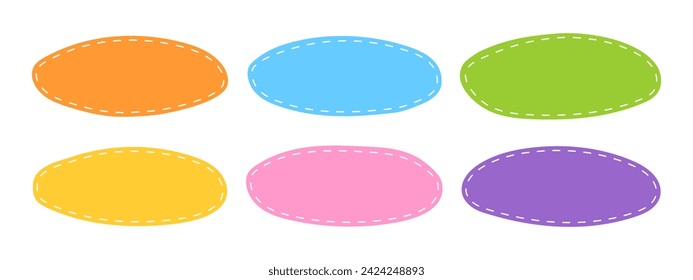 Hand drawn oval shapes with dashed stitches. Cute organic forms. Empty colorful tags, patches, text boxes, stickers, speech bubbles, labels, messages templates. Vector flat illustration.