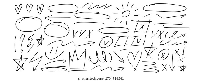 Formas ovaladas dibujadas a mano y Vector de iconos de crayón garabateado. Formas de garabatos, marcas de verificación, corona y flechas. Ilustración vectorial.