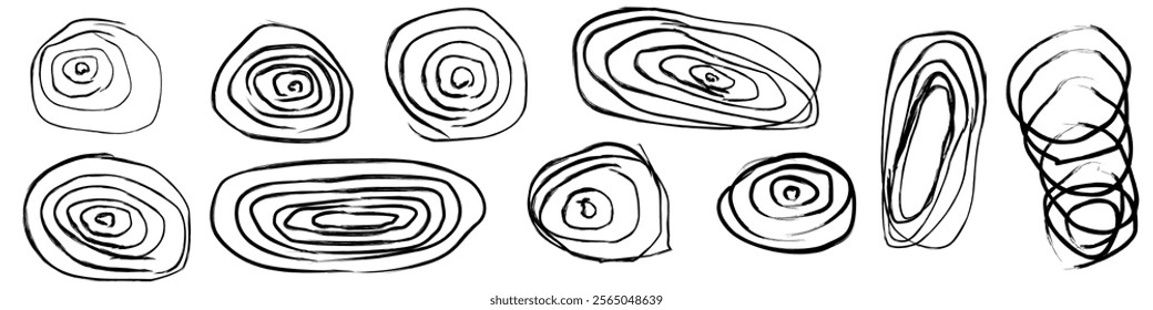 Hand Drawn Oval Shapes Vector Set, Abstract Sketch Style Black Circle and Ellipse Doodles on White Background, Ideal for Highlighting, Creative Design, Frames, and Minimalistic Artistic Illustrations