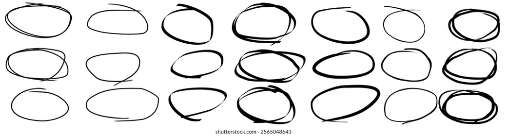 Hand Drawn Oval Shapes Vector Set, Abstract Sketch Style Black Circle and Ellipse Doodles on White Background, Ideal for Highlighting, Creative Design, Frames, and Minimalistic Artistic Illustrations