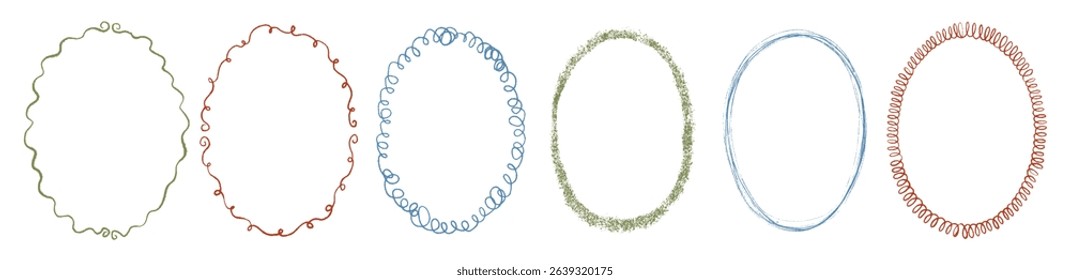 Hand drawn oval whimsical swirl curved frame set. Pencil texture doodle curly borders collection. Chalk scribble wavy wedding invitation, greeting card, postcard design. Vintage vector illustration