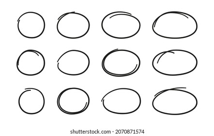 Hand drawn ovals and circles set. Ovals of different widths. Highlight circle frames. Ellipses in doodle style. Set of vector illustration isolated on white background.