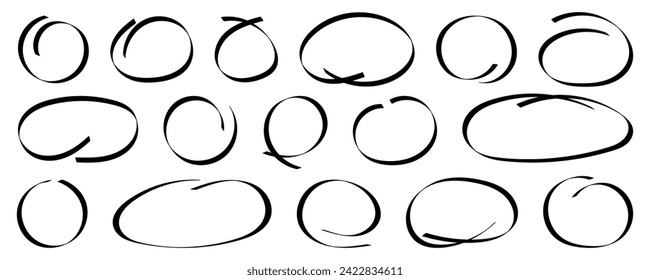 Hand drawn ovals and circles set.  Speech bubble collection.  Ellipses in doodle style. Simple ribbon set. Sketch frame with open space vector illustration