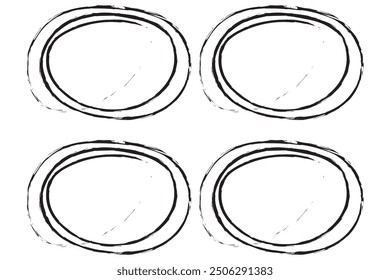 Handgezeichnete Ovale und Kreise gesetzt. Ovale unterschiedlicher Breite. Markieren Sie Kreisrahmen. Ellipsen im Doodle-Stil. Satz von Vektorgrafik einzeln auf transparentem Hintergrund.