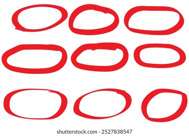 Hand drawn ovals and circles set. Ovals of different widths. Highlight circle frames. Ellipses in doodle style. Set of vector illustration isolated on transparent background.