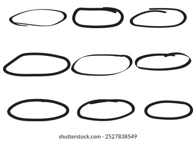 Hand drawn ovals and circles set. Ovals of different widths. Highlight circle frames. Ellipses in doodle style. Set of vector illustration isolated on transparent background.