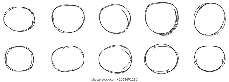 Hand drawn ovals and circles set. Ovals of different widths.  Set of vector illustration isolated on transparent background , eps 10