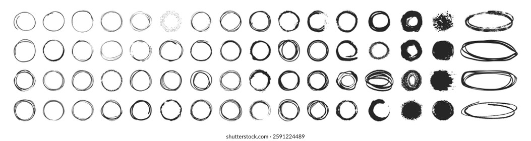 Hand drawn ovals and circles set. Round freehand shapes and highlights isolated on transparent. Vector circular scribble doodle round circles for message note mark design element