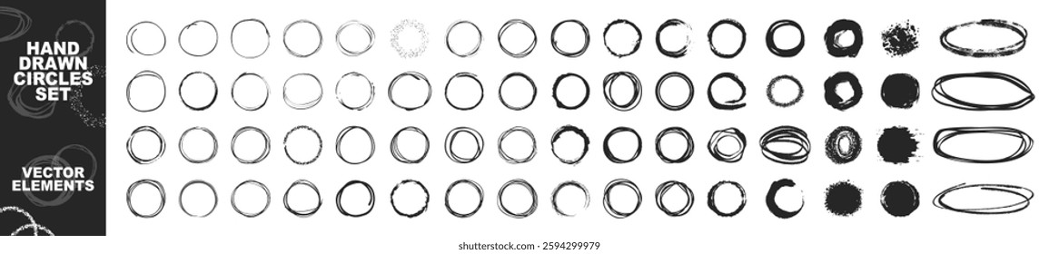 Hand drawn ovals and circles set. Round freehand shapes and highlights isolated on transparent. Vector circular scribble doodle round circles for message note mark design element
