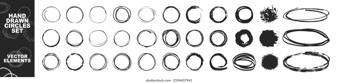 Hand drawn ovals and circles set. Round freehand shapes and highlights isolated on transparent. Vector circular scribble doodle round circles for message note mark design element