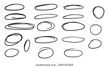 Hand drawn ovals and circles set. set of hand drawn doodle ellipses. ellipses in doodle style. sketch drawing circle lines
