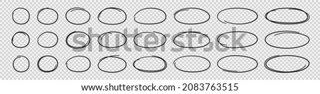 Hand drawn ovals and circles set. Ovals of different widths. Highlight circle frames. Ellipses in doodle style. Set of vector illustration isolated on transparent background.