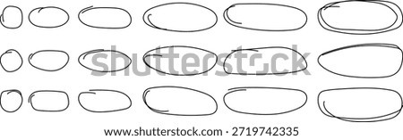 Hand drawn ovals and circles set. Ovals of different widths. Highlight circle frames. Ellipses in doodle style. Set of vector illustration isolated on transparent background.