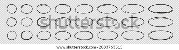 Hand drawn ovals and\
circles set. Ovals of different widths. Highlight circle frames.\
Ellipses in doodle style. Set of vector illustration isolated on\
transparent background.