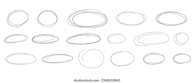 Hand drawn ovals and circles. Sketch marker pen highlight oval frames. Stroke scrawl underline lines emphasis set. Hand drawn doodle oval. Vector freehand illustration on white background.