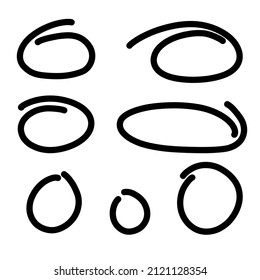 Hand drawn ovals frame set. Doodle marker highlight circle. Marker sketch. Highlighting text and important objects. Round scribble frames. Stock vector illustration on white background.