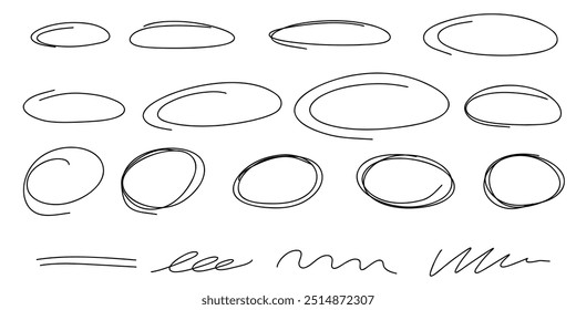 Hand drawn ovals frames set. Ovals of different widths. Highlight circle frames. Ellipses in doodle style. Set of handwritten vector illustration isolated on white background.