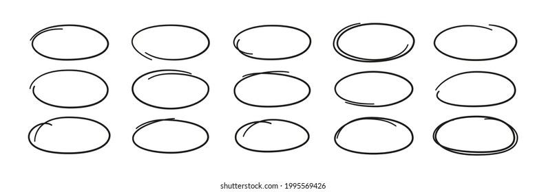 Ovalos dibujados a mano. Resalte los marcos de círculo. Elipses en estilo doodle. Conjunto de ilustraciones vectoriales aisladas en fondo blanco.