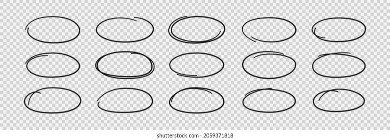 Hand drawn ovals. Highlight circle frames. Ellipses in doodle style. Set of vector illustration isolated on transparent background.