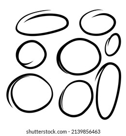 Hand drawn ovals highlight set. Doodle Marker highlight circles . Marker sketch. Highlighting text and important objects. Round scribble frames. Stock vector illustration on white background.