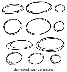 Hand drawn ovals highlight set. Doodle Marker highlight circles . Marker sketch. Highlighting text important objects. Round scribble frames. Vector illustration on white background.