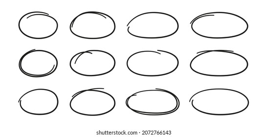 Hand drawn ovals set. Ovals of different widths. Highlight circle frames. Ellipses in doodle style. Set of vector illustration isolated on white background.