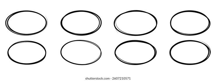 Hand drawn ovals set vector illustration isolated on white background.