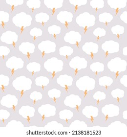 Hand drawn overcast sky seamless pattern. Cloudy sky, thunderstorm illustration. Clouds with lightning textile illustration in flat style.