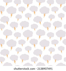 Hand drawn overcast sky seamless pattern. Cloudy sky, thunderstorm illustration. Clouds with lightning textile illustration in flat style on white background.