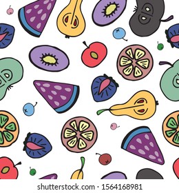 Hand drawn overlapping backdrop. Colorful wallpaper vector. Seamless pattern with fruits collection. Decorative illustration, good for printing
