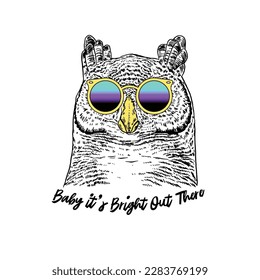 HAND DRAWN OWL BIRD ANIMAL COOL SUNGLASSES SUNNIES SUNNY BRIGHT INTROVERTED ANTI SOCIAL OUTDOORS NATURE WILDLIFE TYPOGRAPHY VINTAGE TSHIRT TEE PRINT FOR APPAREL MERCHANDISE