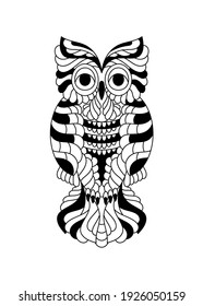 Hand drawn owl bird. Vector black and white illustration. Animals.