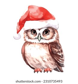 Hand drawn owl christmas hat watercolor for decoration design. Vector art illustration. Fashion sketch. Retro vector illustration Winter holiday season. Cartoon style.