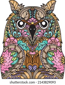 Hand drawn owl doodle with flower decorative elements. Coloring page for adult and kids. Vector Illustration