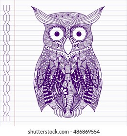 Hand drawn owl in doodle style on notebook page.
