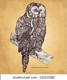 Hand drawn owl and elements flower ornament