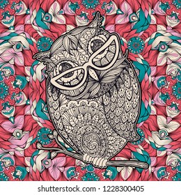 Hand drawn Owl with Glasses. Coloring Page or Book Cover. Vector Poster Design with Bird and Antistress Multicolored Kaleidoscope Seamless Pattern on Background for Valentines Day Cards